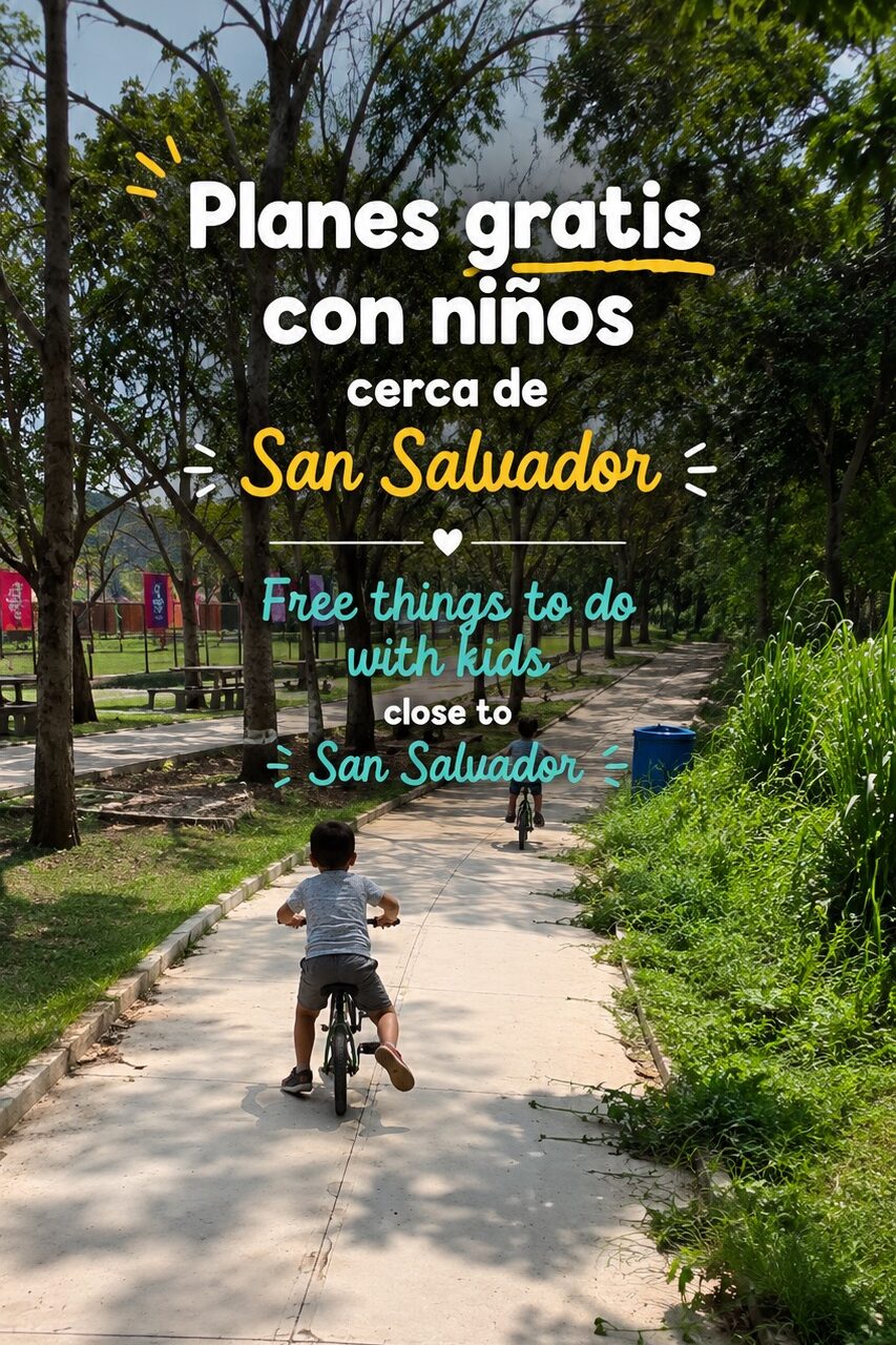 Niño en bicicleta recorriendo sendero arbolado en un parque — lugares gratis para niños cerca de San Salvador