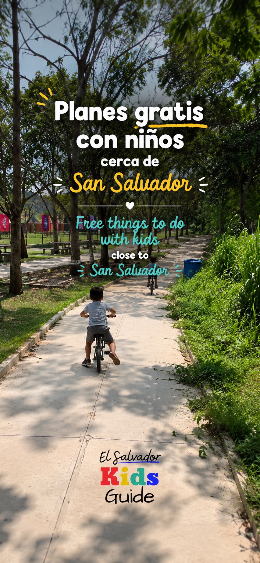 Child riding a bike along a tree-lined park path — free things to do with kids near San Salvador, El Salvador